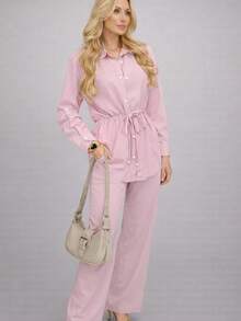 Women's Premium Sensorial Set: Long-Sleeved Blouse With Buttons And Wide-Leg Pants With Elastic Waistband - Elegant For Parties, Casual, And Offices. - 淺粉色 - 查看 1