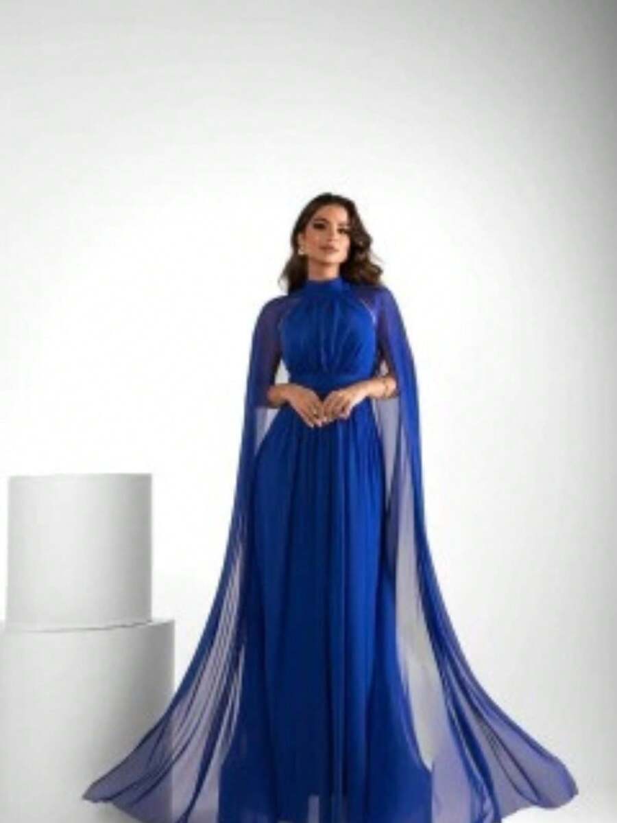 Elegant Cape Dress For Bridesmaid, Graduation, And Party - GB - Royal Blue - View 1