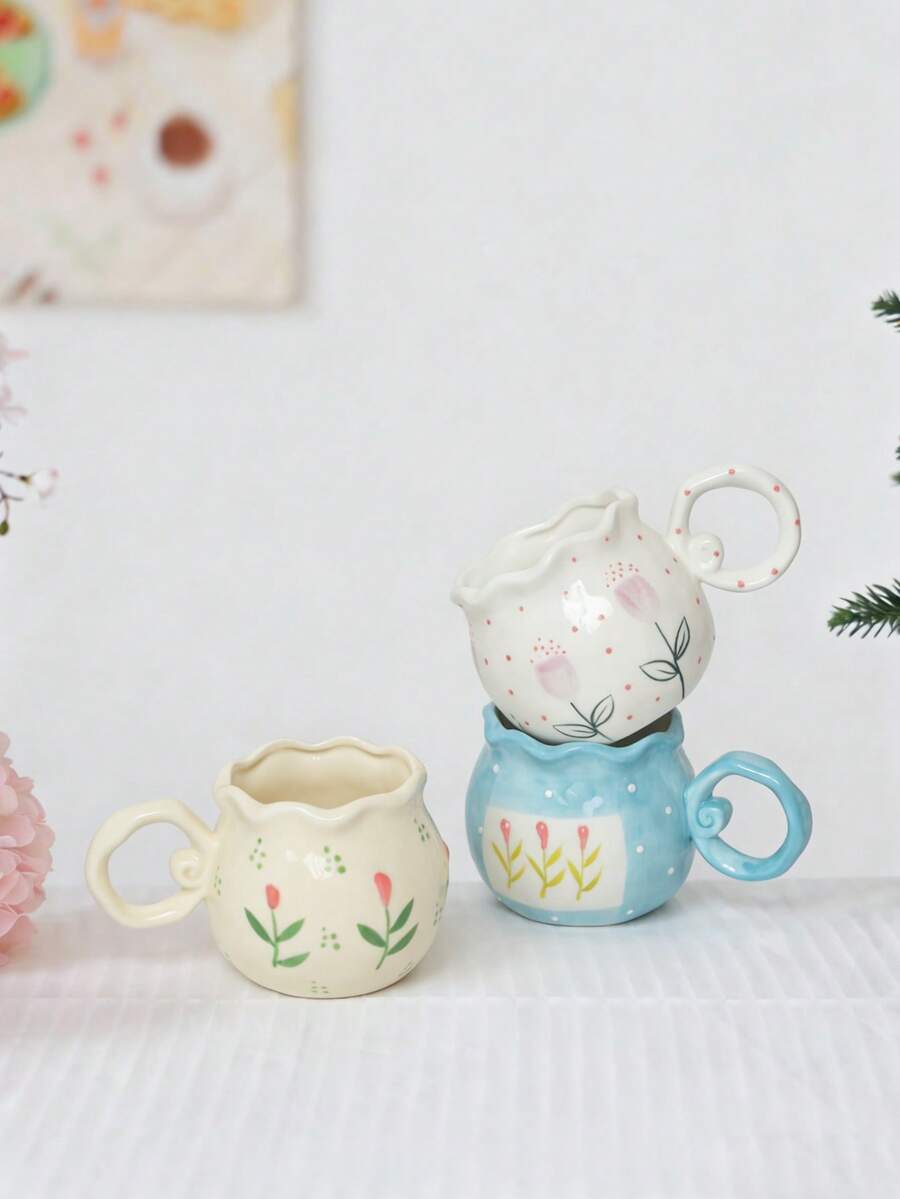 1pc Creative Handmade Asymmetrical Shaped Round Ceramic Milk Coffee Mug With Floral Relief Painting - Multicolor - View 1