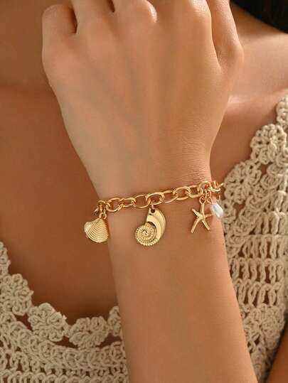 1pc Metal Alloy Shell & Starfish Faux Pearl Pendant Bracelet, Versatile Summer Jewelry Suitable For Women's Daily Outfit, Beach, Date, Party, Music Festival Wear. Handmade Chain Can Be Cut To Desired Length And Number Of Beads.