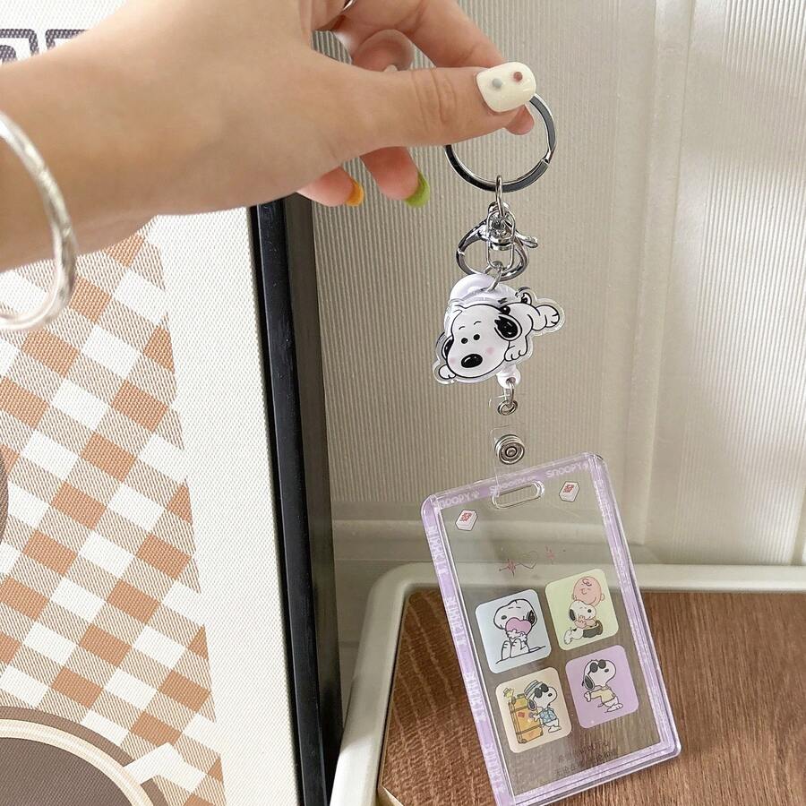SNOOPY 1个史努比伸缩钥匙扣滑动保护套透明动漫卡套学生可爱防丢校园卡水卡袋保护套，高颜值学生卡套女生节礼物白色情人节礼物日韩开学礼物，治愈系列身份证卡套开斋节礼物东南亚节日礼物[随机款式] - 彩色 - 查看 1