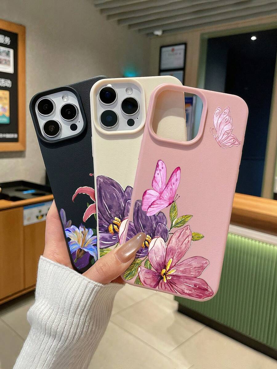 3件套花卉蝴蝶印花仿皮手机壳，粉色/白色/黑色TPU材质，防震防刮，浪漫花卉风格，夏季手机壳，可爱手机壳，花朵手机壳，兼容和Galaxy手机，适合日常使用，生日、母亲节、毕业礼物，手机配件 - 彩色 - 查看 1