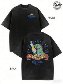 Graphic Tee With A Lizard Holding A Beer;Corona Extra , Always Fresh;Retro Washed T-Shirt With Double-Sided Printed (230G Pure Cotton T-Shirt);Crew Neck, Short Sleeves, Regular Fit, Casual Wear With Design, Streetwear For Men, Men's Fall Clothes, Vintage T-Shirt,Unisex - 黑色 - 查看 2