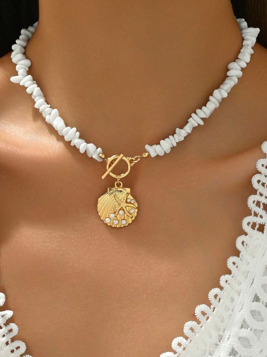 1 pieza Collar con cuentas de turquesa blanca, collar con colgante de concha con perla falsa y metal incrustado, cierre tipo OT, adecuado para uso diario y vacaciones de mujeres - Multicolor - Ver 1