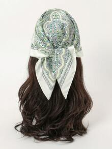 1条简约印花70厘米方形围巾，新款春季女士头巾，多功能腰带、头巾、时尚领巾 - 綠色 - 查看 5