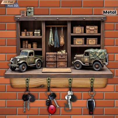复古军车造型木质多功能钥匙挂钩。单件装，家用。配有四个金属挂钩。适用于墙面装饰、门廊装饰、房间装饰、别墅装饰以及季节性家居悬挂架装饰。