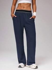 Tummy Control Wide Leg Pants | Contrast Waistband, Side Pockets | Perfect For Casual & Lounge Wear Premium Soft Wide Leg Pants | High Waisted, Relaxed Fit | Cozy & Chic For Everyday Wear Versatile Wide Leg Pants | From Yoga Mat To Coffee Run | Contrast Waistband, Side Pockets Women's High Waisted Wide Leg Pants Contrast Elastic Waistband Side Pockets Relaxed Fit For Casual Lounge Wear - 藍色 - 查看 4