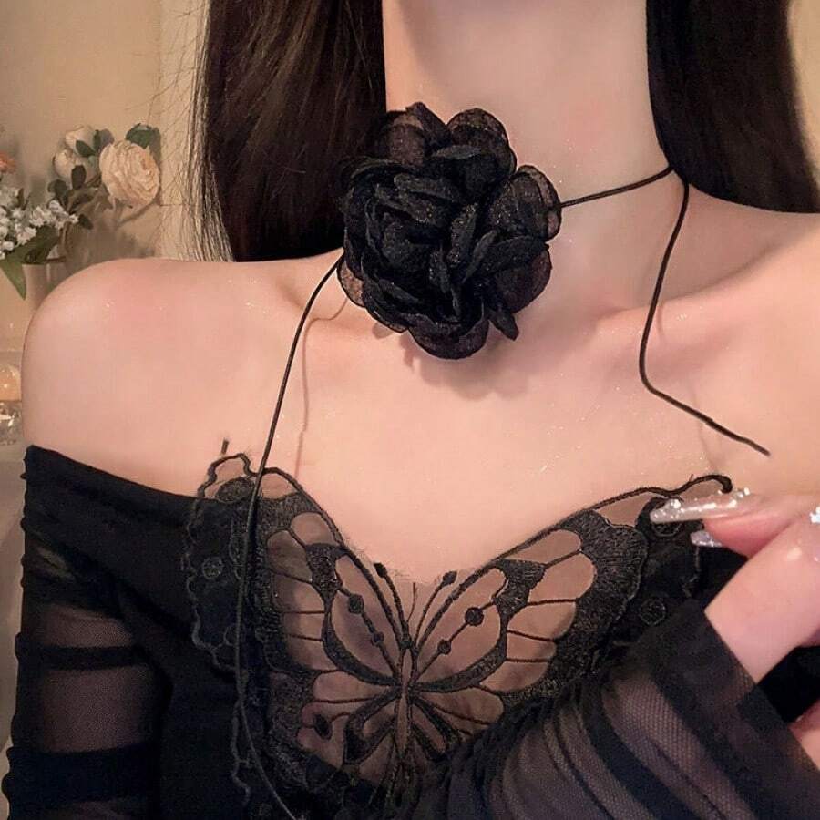 Collar de corbata con flor de camelia 3D estilo francés vintage, collar gargantilla minimalista de cuerda de cera con flores, elegante joyería de cadena de clavícula de nicho para mujeres - Blanco / Borde quemado / Flor grande - Ver 1