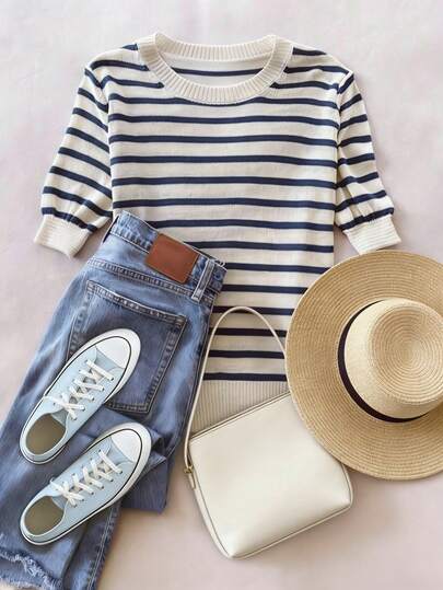 Suéter holgado de punto de cuello redondo con bloques de color y rayas de manga corta, para mujer, primavera/verano