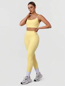 Sodalemon Women's Solid Color Thick Sports Bra & Yoga Leggings 2 Pieces Set, Minimalist Design For Fitness Training - Màu vàng - Xem 4