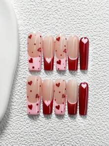 10Pcs Romantic French Style Handmade Press On Nail,Polygel Nail Set,Hand Painted Irregular Pink And Red Hearts,Red Nail Polish,Simple Spring Style,Includes Nail Tools,3 Sizes Available,Almond,Duck,Coffin Nails For Party,Dance,Daily Wear. - 彩色 - 查看 16