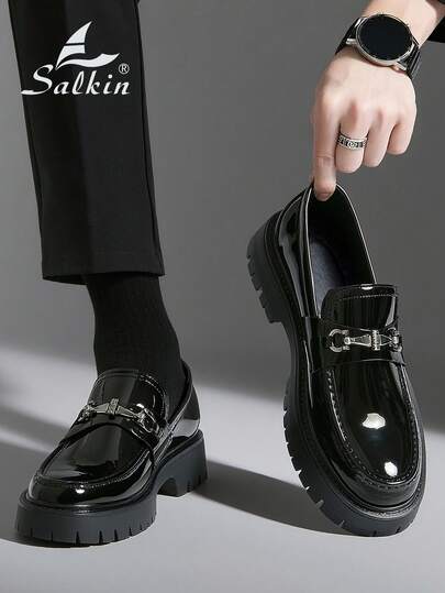 Salkin New British Style Designer Men's Slip-On Loafers, Vintage Vibe, Soft & Comfortable, Round Toe, Elegant Formal Leather Shoes, Glossy Patent Leather, Non-Slip Thick Sole, Suitable For Casual, Dating, Party, Wedding, Gifting. Please Order One Size Up As It Runs Small.