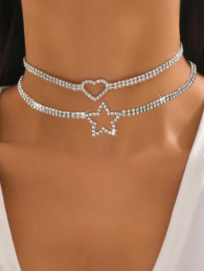 Set de 2 collares con colgante de estrella y corazón de cristal, elegante y de lujo, estilo Y2K, adecuado para usar en fiestas