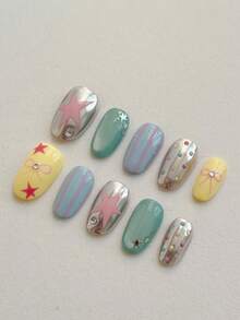 10Pcs Handmade Press On Nails, Short Oval Mirror Multicolor Fake Nails, Retro Y2K Style, Star Bow Stripe Polka Dot Rhinestone Pattern, Easy Apply Nail Supplies, Travel Essential,Part,Wedding.Summer Nails,Fall Nails.Cute Nails,French Tip Nails - Multicolor - View 3