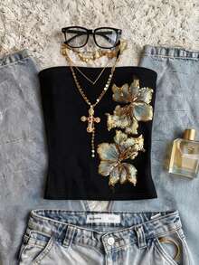 Women's Y2K Floral Pattern Fashion Tube Top - Black - View 3