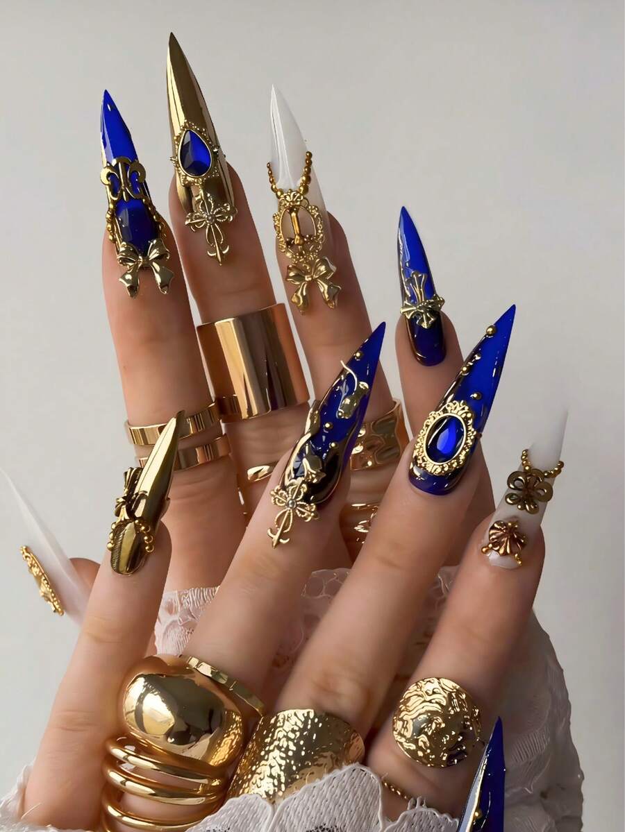 NailChic 10 PCS Handmade Stiletto Press-On Nails | Cyber Baroque Luxury Klein Blue-Gold Acrylic Nails, 3D Ribbon Embellished Sapphire Gemstone - Nhiều màu - Xem 1
