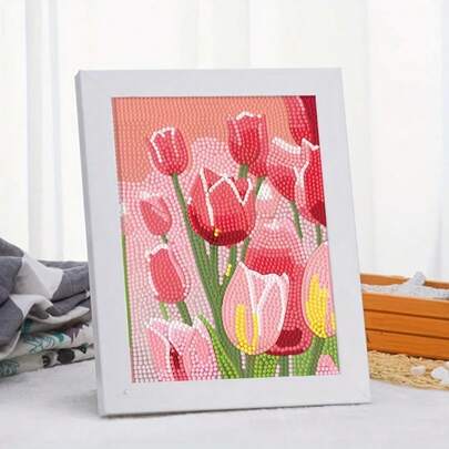 1件17x22厘米/6.69x8.6英寸花卉钻石画DIY入门套装，水晶刺绣墙饰艺术工艺品礼品，郁金香花卉钻石画，钻石画配件，艺术用品，简单耐用，适合手工活动、家庭娱乐、办公室减压、成人手工、艺术收纳、艺术用品、DIY剪贴簿、房间装饰、桌面装饰、卧室装饰、办公桌装饰、个性化礼物、送给她的礼物