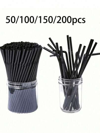 50-500pcs Flexible Black Plastic Straws, Bendable Party Decoration Straws, Plastic Drinking Straws, Coffee And Cocktail Stirrers, Beverage Accessories Suitable For Milkshakes, Smoothies, Bubble Tea, Iced Coffee, Great For Home Camping Picnic Party, Party Supplies, Household & School Essentials