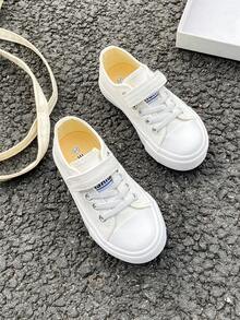 OPOEE White Canvas Shoes, Mid-Top Sneakers, Children's Canvas Shoes, Spring/Autumn Korean Style, Minimalist Boys/Girls Shoes, Fashion Low-Top Lace-Up Athletic Shoes, Classic Low-Top Canvas Shoes, Casual Skateboard Kids Shoes - White - View 3