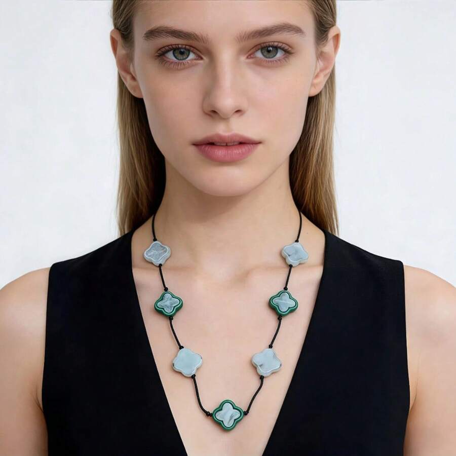 Queen - Long Four-Leaf Necklace With Natural Stones - Boho Chic Fashion 7-4 - 綠色 - 查看 1