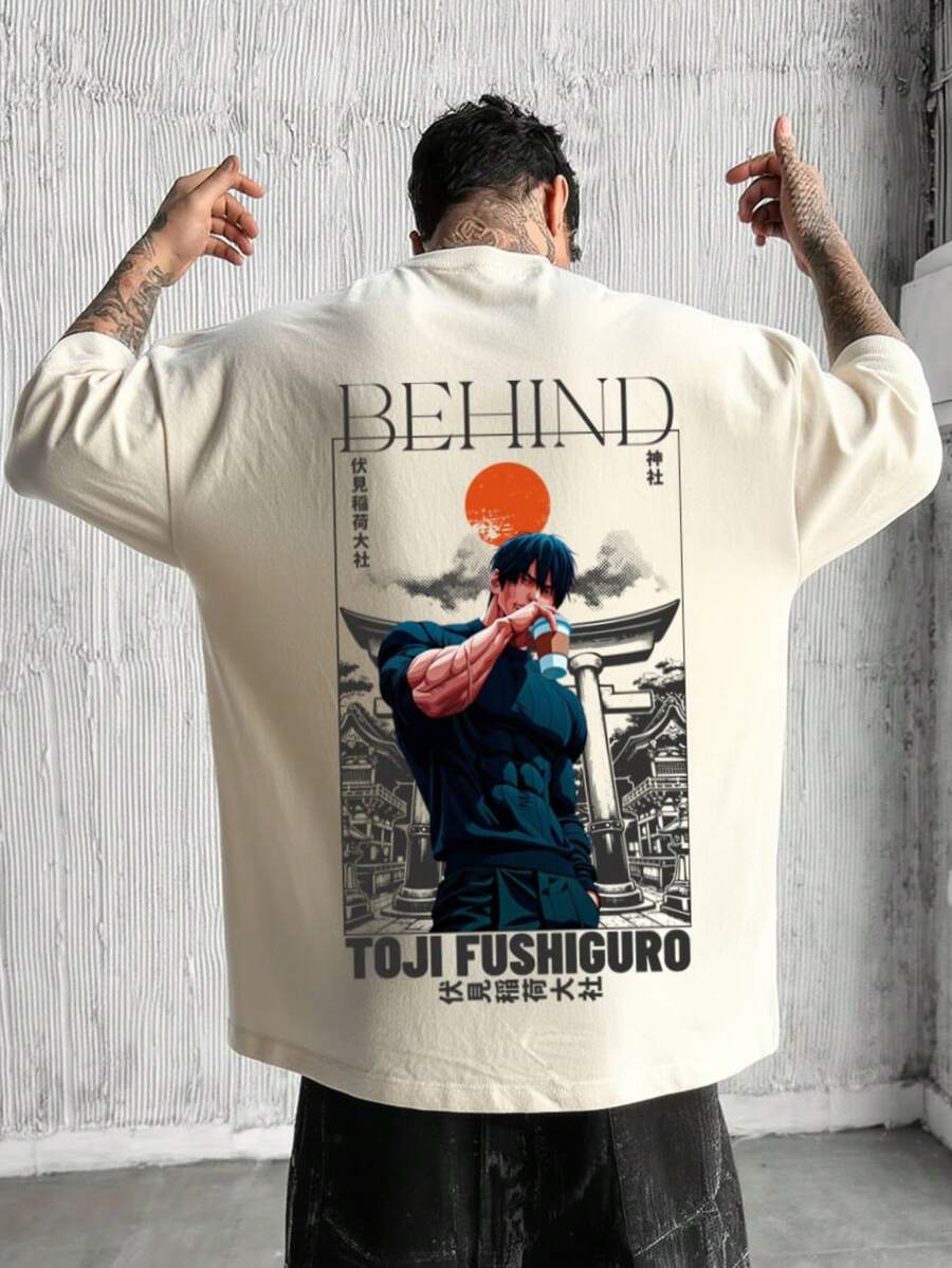 Men's T-Shirt/Blouse/Shirt 100% Cotton New Release Stylish Gringa Printed Streetwear Tokyo Shibuya Anime JJK TOJI BEHIND - 奶油色 - 查看 1