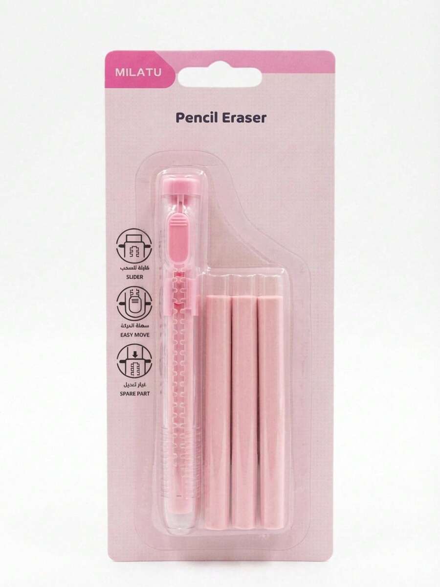 Borrador Retráctil Tipo Lápiz con 3 Repuestos | Goma de Borrar Portátil para Escuela, Oficina y Dibujo | Borrado Preciso y Limpio - A - Ver 1
