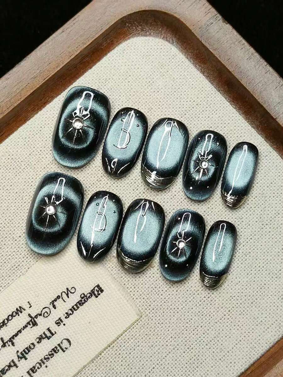 10片手工制作人造指甲，短椭圆形，渐变色，闪亮银色，旋转猫眼，法式涂鸦，酷女孩风格，可重复使用