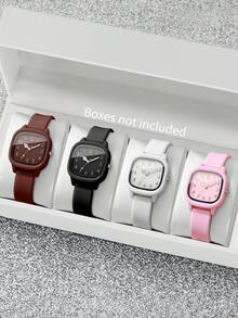 4只/套 女士硅胶手表，时尚休闲方形表盘石英腕表，经典款（不含表盒） - 彩色 - 查看 12