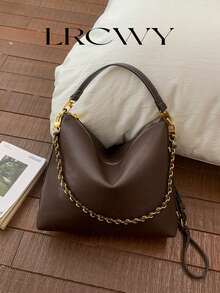 Women's Crescent Shoulder Bag, Fashion Minimalist Metal Chain Decor, Elegant Business Large Capacity Khaki Bag Suitable For Shopping And Commuting - Coffee - View 1