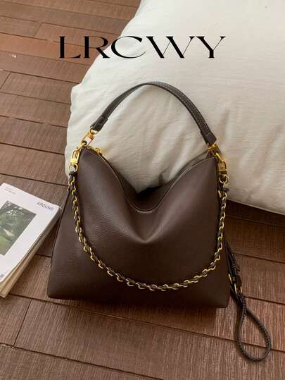 Bolso de hombro en forma de media luna para mujer, decoración minimalista de cadena metálica de moda, elegante bolso de gran capacidad en color caqui adecuado para compras y viajes