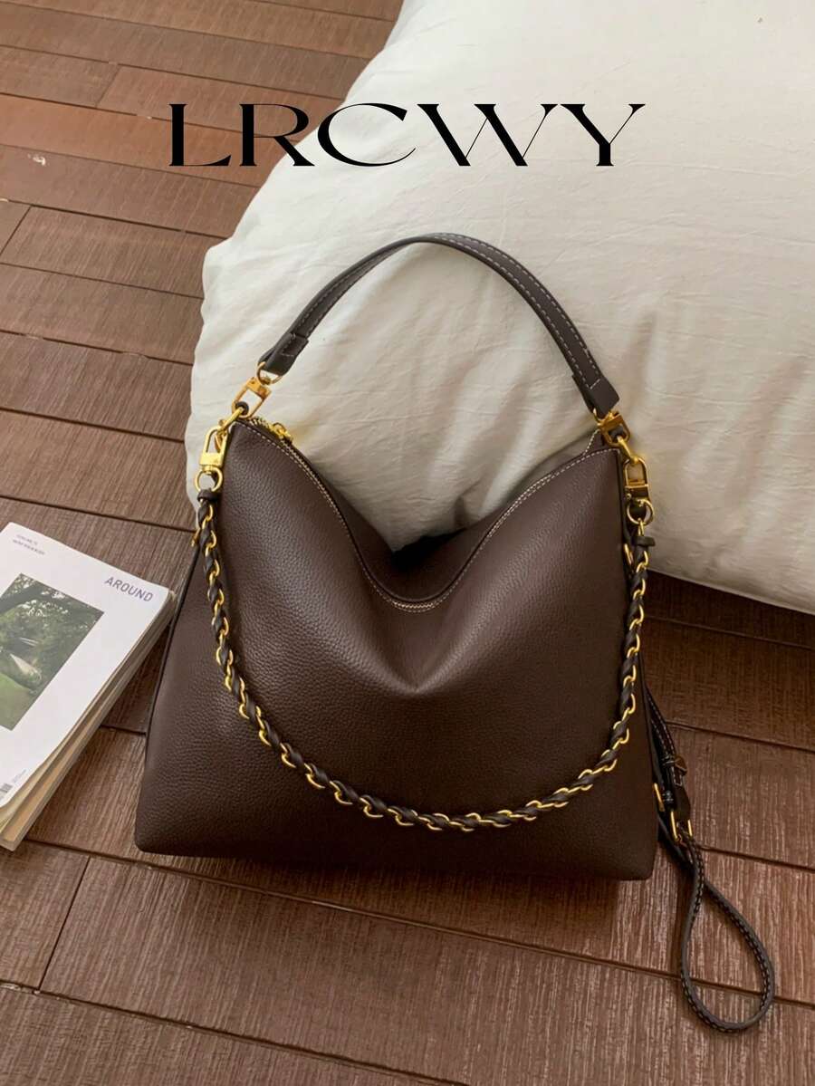 Women's Crescent Shoulder Bag, Fashion Minimalist Metal Chain Decor, Elegant Business Large Capacity Khaki Bag Suitable For Shopping And Commuting - Coffee - View 1