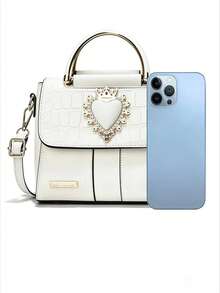 1件装心形皇冠设计女士PU皮革软皮手提包/单肩包/斜挎包，白色优雅托特包，适合婚礼、音乐节等场合 - 白色 - 查看 10