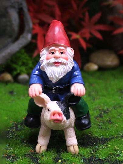 趣味庭院骑猪雕塑 - 迷你树脂奇幻花园装饰，适用于庭院、草坪和仙境花园