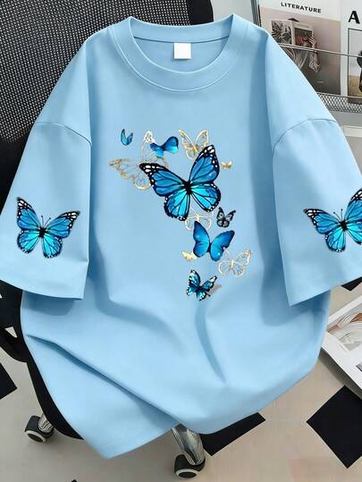Butterfly Print Round Neck Women's T-Shirt, Plus Size Ladies Casual Summer Short Sleeve. Suitable For Summer Vacation, Beach, Travel, Spring, Valentine's Day, Carnival, Mother's Day And Other Occasions; Graduation Short Sleeve Top; Back To School Outfit; Graduation Ceremony; Women Teacher's Outfit; Summer Family And Friends' Outfit. Suitable For Daily Wear, Outerwear, Outing, Festival, Beach, Party, Birthday, Beach, Gathering, School, Music Festival, Vacation, Commuting, Fitness, Wedding, New Year, Spring Top, Women's Summer Outfit, Women's Holiday Clothing
