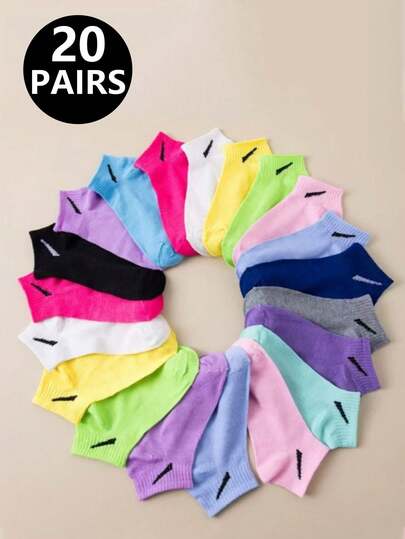 1/5/10/20双装女士彩色短袜，透气舒适柔软运动袜，适合跑步、健身，春夏秋季穿着