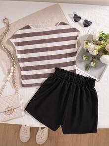 Set de 2 piezas de top sin mangas con cuello en V con estampado de rayas y lazo, y pantalones cortos rectos con volantes en el bajo, para niñas, estilo casual, para primavera/verano - Negro - Ver 3
