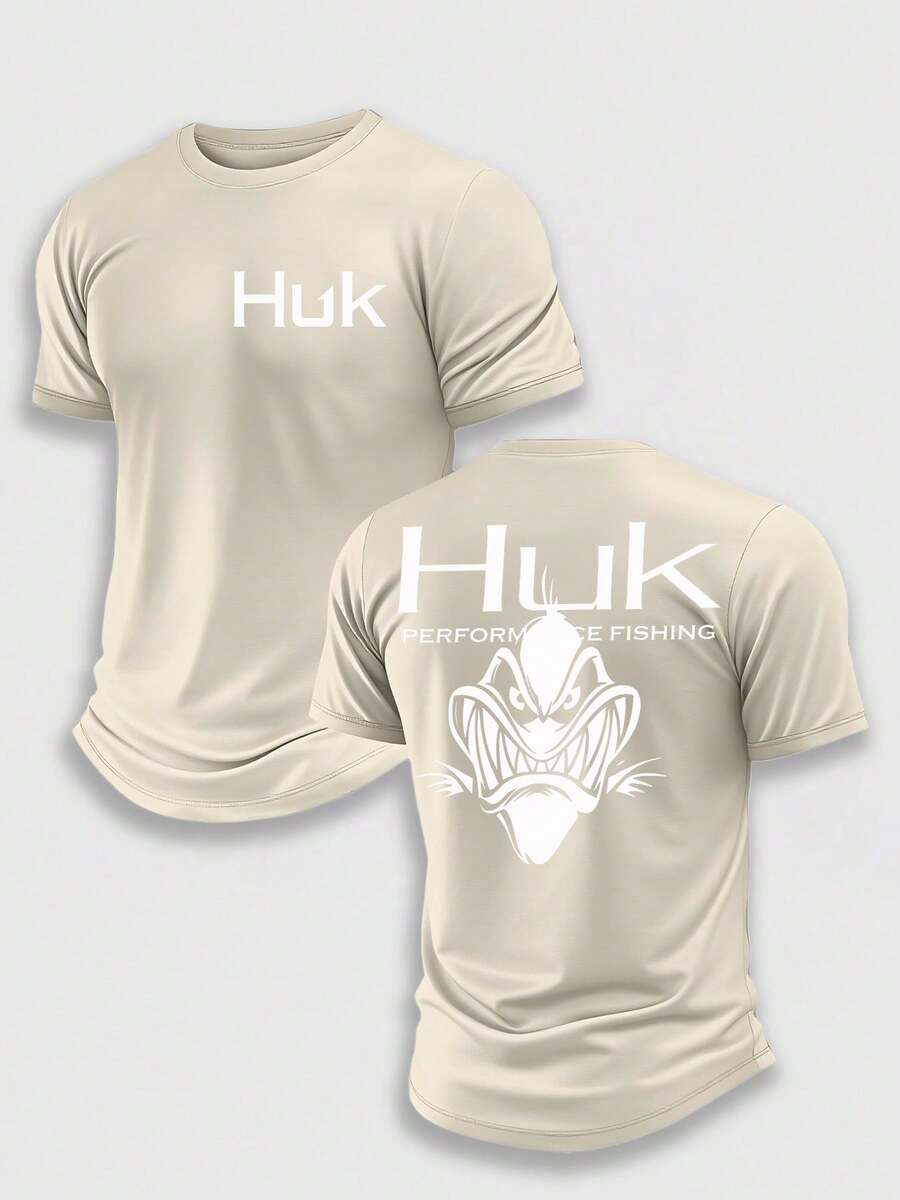 (220 Pieces Of Pure Cotton T-Shirts)HUK MONSTER ANGLER Performance Fishing T-Shirt, Moisture Wicking Quick Dry Tee, High-Quality Graphic Printed Outdoor Sportswear, Men's Short Sleeve Shirt, Shark Teeth Monster Graphic, Deep Sea Predator Art, Holiday Gift, Performance Gear, Lightweight Breathable, Camisetas Para Hombre, Men Vacation Outfits, Urban Outdoor Style - Apricot - View 1