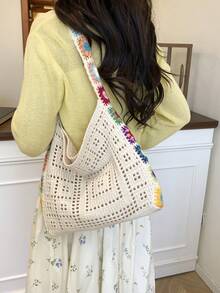 Large Capacity Hollow Vacation Beach Woven Tote Bag, One Shoulder Bucket Bag - Beige - View 2
