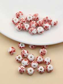 30pcs/set Minimalist & Fashionable Ceramic Beads, Thousand-flower Glass Round Bead, Ceramic Flower Bead For Diy Jewelry Making - Red - View 5