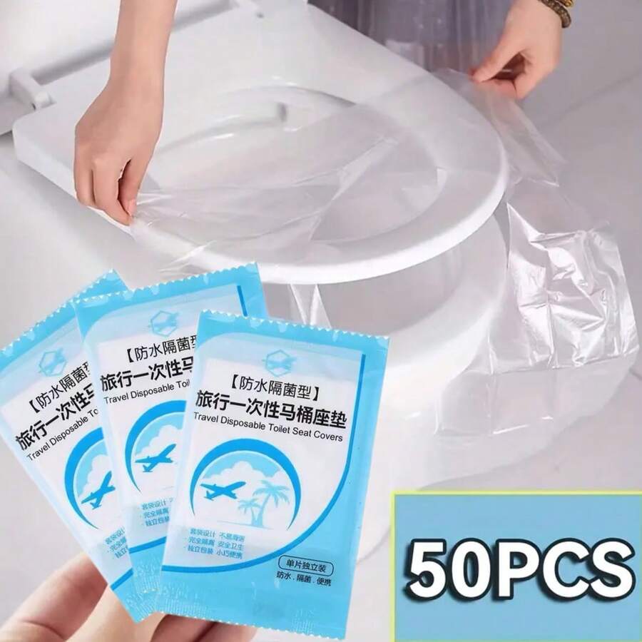 100/50片装一次性透明耐用塑料马桶座套，易于清洁，适用于防水旅行卫生巾，附赠卫生纸，经济实惠的家用用品 - 白色 - 查看 1