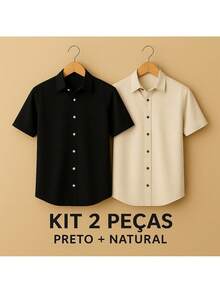 Kit Camisa Slim Fit Masculina Gola Italiana 2 Unidades - Caqui - Visão 7