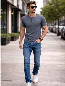 Men's SLIM Henley T-Shirt With Portuguese Collar, Premium Fabric - Various Colors - Màu xám đen - Xem 2