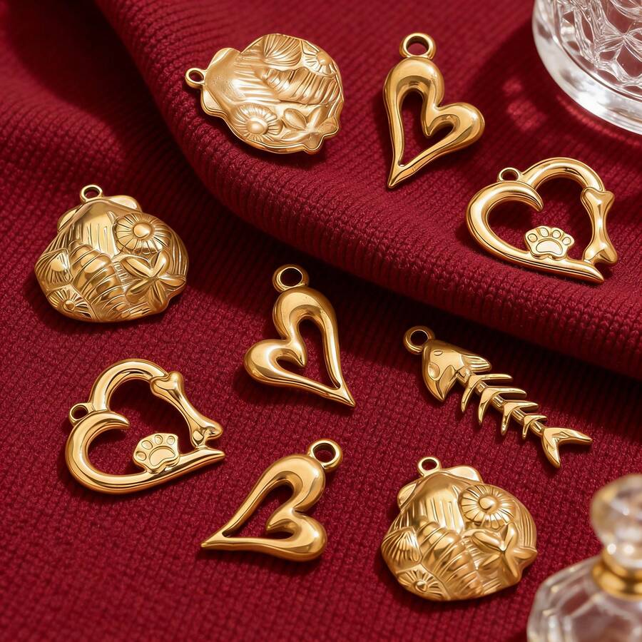 5-Piece 304 Stainless Steel Heart-Shaped Shell Fishbone Mini Pendants Jewelry Making DIY Women's Necklace Earrings Gold-Plated Pendant Connectors Bulk Jewelry Craft Supplies - Pendants - View 1