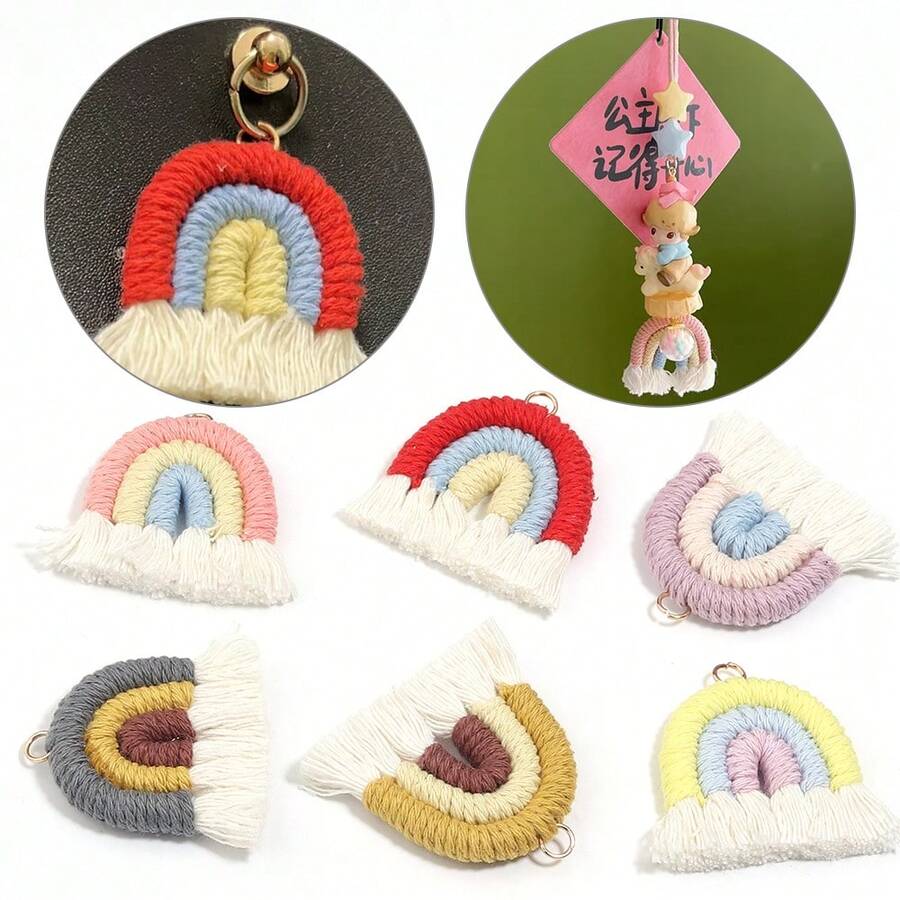 2个/包 彩虹编织流苏吊坠带环，38x35毫米 清新可爱彩虹流苏吊坠项链钥匙扣耳环配件，手工DIY半成品耳环配件