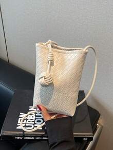 1件时尚别致的编织纹理手机包，春季新款斜挎包，户外搭配零钱包口红小手提包 - 白色 - 查看 2