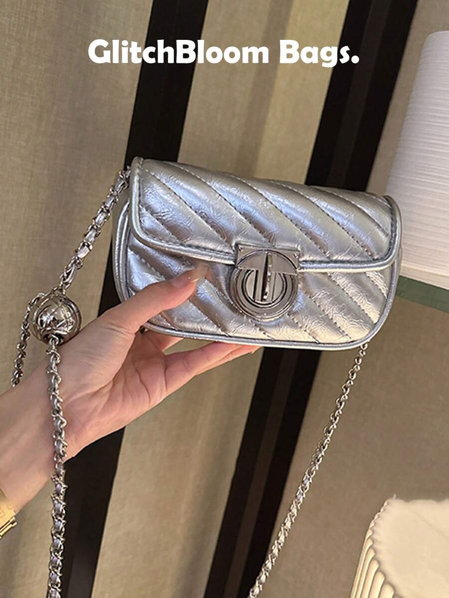 Túi đeo vai hình thoi sang trọng mới về, dây xích kim loại, túi đeo chéo vuông đa năng, phong cách đường phố thời trang, phù hợp cho tiệc tùng, tiệc chiêu đãi, làm quà tặng. - Bạc - Xem 1