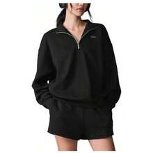 Alo Yoga Women's Accolade 1/4 Quarter Zip Pullover | Premium Heavyweight French Terry Fleece Sweatshirt | Luxury Soft Oversized Quarter-Zip Hoodie | Classic Varsity Style Stand Collar Outerwear | Urban Fashion Loose Fit Casual Athletic Leisure Jumper - Black - View 1