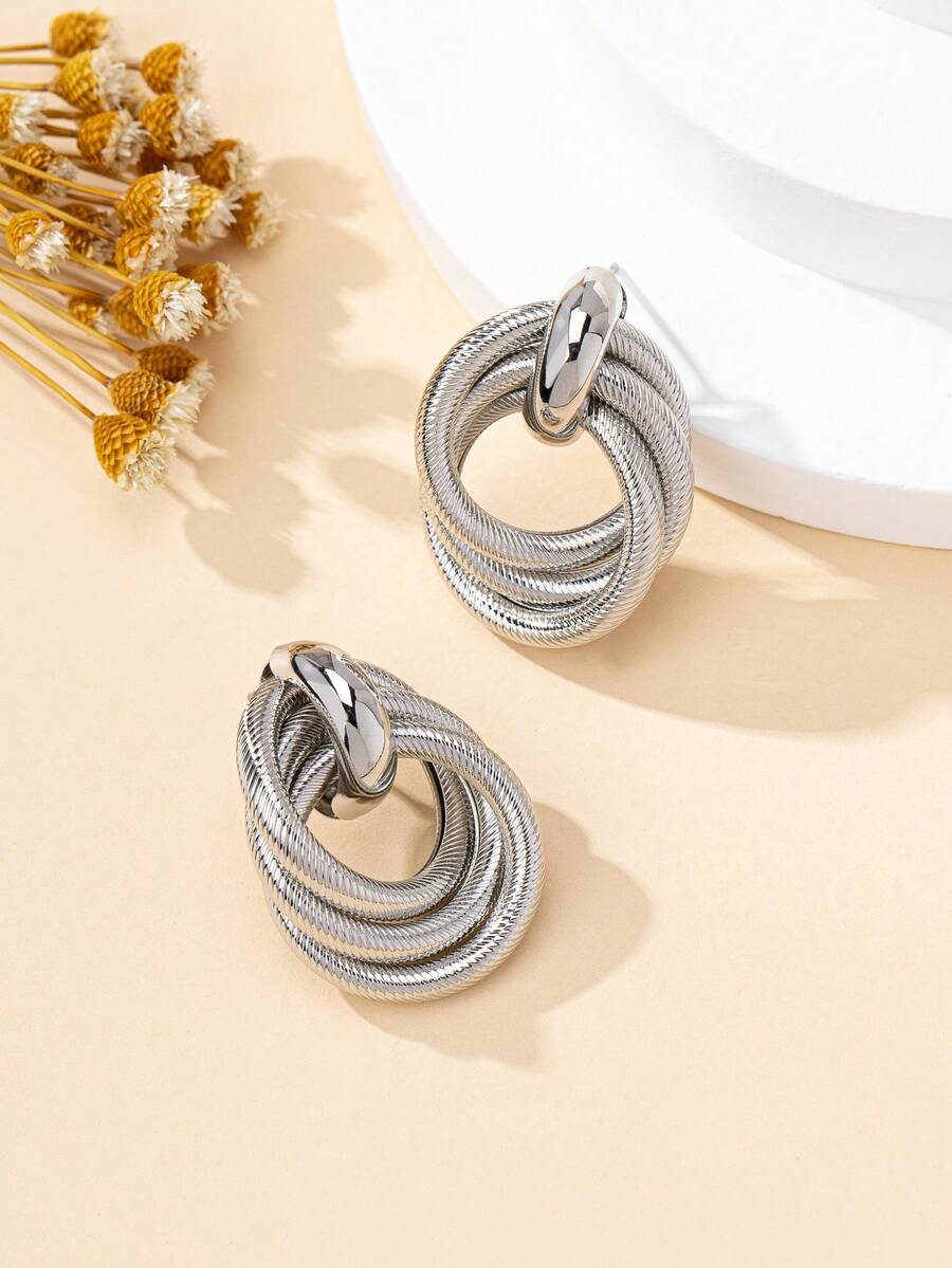 1 Pair Women's Earrings, Exaggerated Triple Coil Hollow Tube Threaded Earrings, Jewelry Gift, Suitable For Daily Wear - Silver - View 1