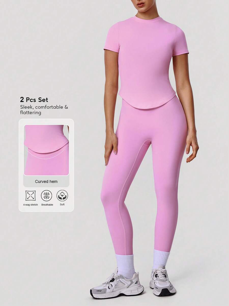 Sodalemon 女士运动套装纯色T恤无前缝经典设计瑜伽紧身裤户外跑步训练健身套装 - 粉色 - 查看 1