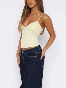 Women Y2K Sheer Lace Mesh Camisole Slim Fit V Neck Open Back Cami Tops Summer Spaghetti Strap Tank Tops Cute Lace Trim Crop Tops Casual Streetwear Fashion Going Out Party Club Outfit - 黃色 - 查看 4
